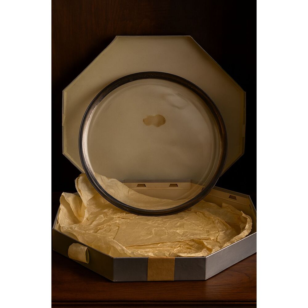 Rare Dorothy Thorpe Silver Band 18" Massive Serving Platter Glass Tray Boxed MCM
